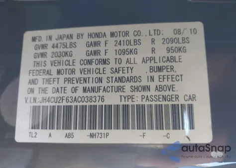 2010 Acura Tsx 2.4 from USA, damaged, VIN JH4CU2F63AC038376